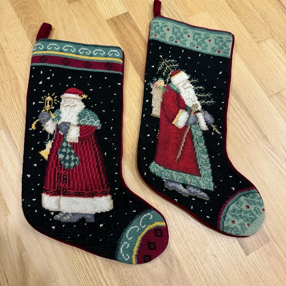 2 Vintage Wool Christmas Stockings Santa   Needlepoint  19
